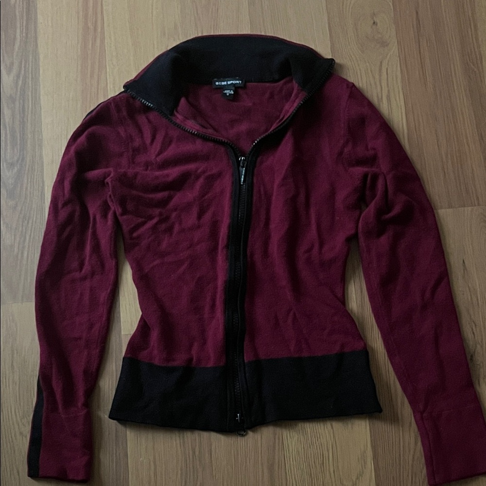 Vintage Bebe Burgundy Zip-Front Jacket with Black Trim